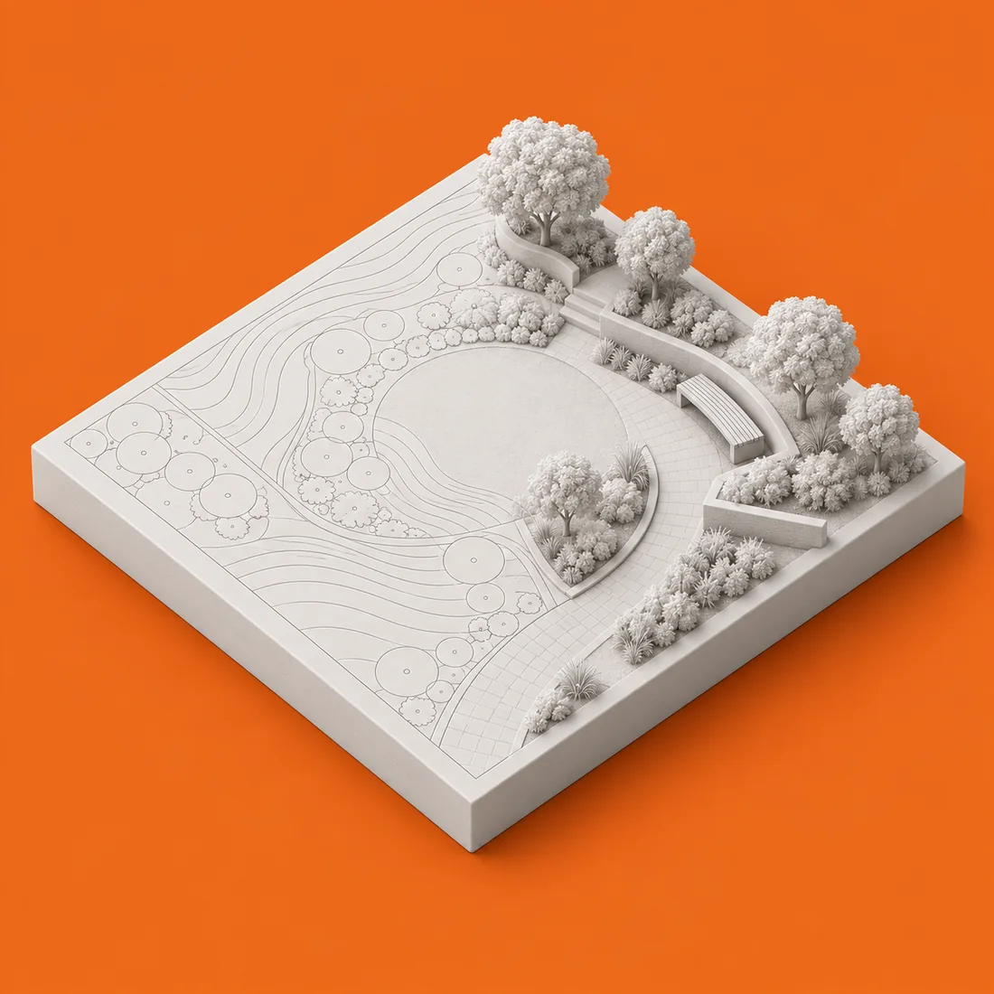 White clay model: a landscape plan on one half, the same site built on the other