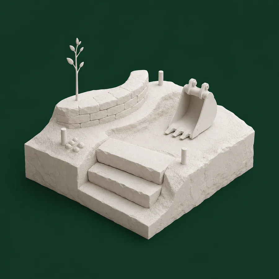 White clay model of landscape construction and retaining walls