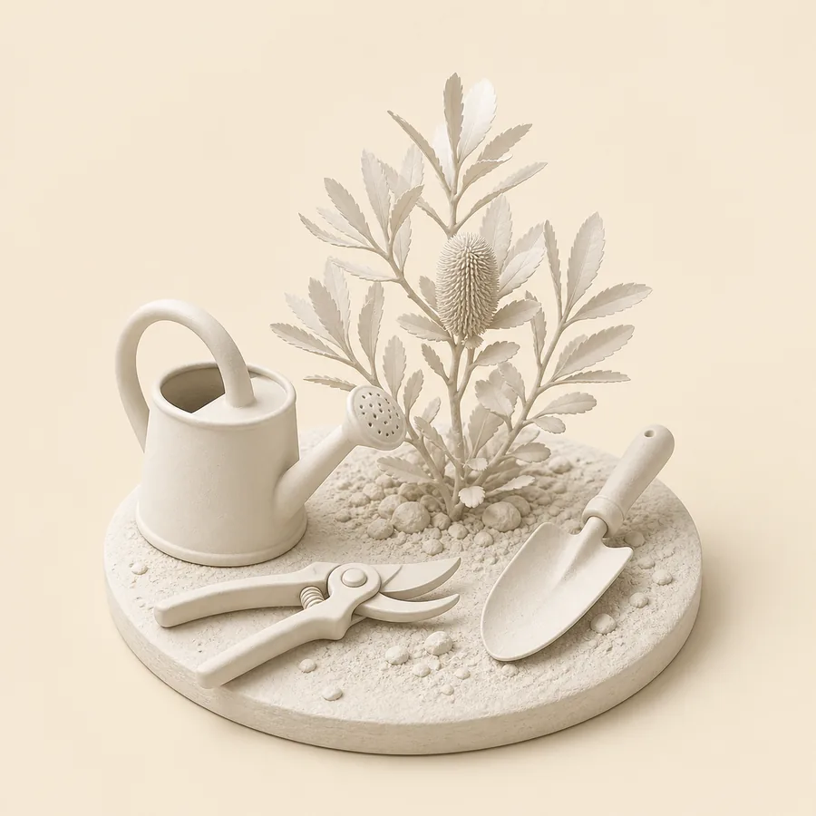 White clay garden maintenance tools and young native plant